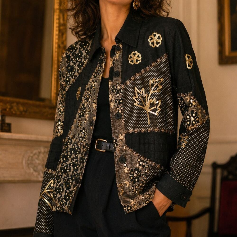 Vintage Indigo Moon Womens Small Jacket Embellished Sequin Black Gold Art